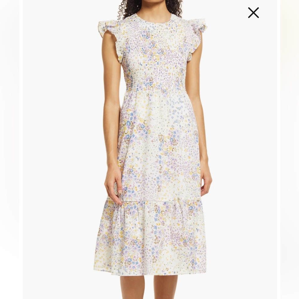 1.STATE Smocked Bodice Cotton Midi Dress in White Floral